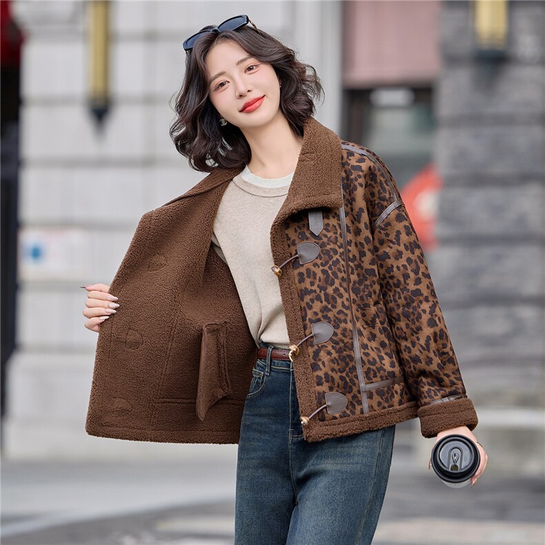 皮毛一体豹纹短款外套女2025冬季加绒加厚保暖洋气麂皮绒夹克上衣,女装羊羔毛/颗粒绒,涵墨