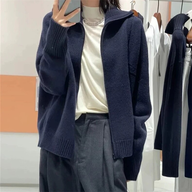 半开领拉链羊毛衫女套头翻领宽松慵懒风毛衣针织打底衫显瘦,女装羊毛衫,唯若美羊绒
