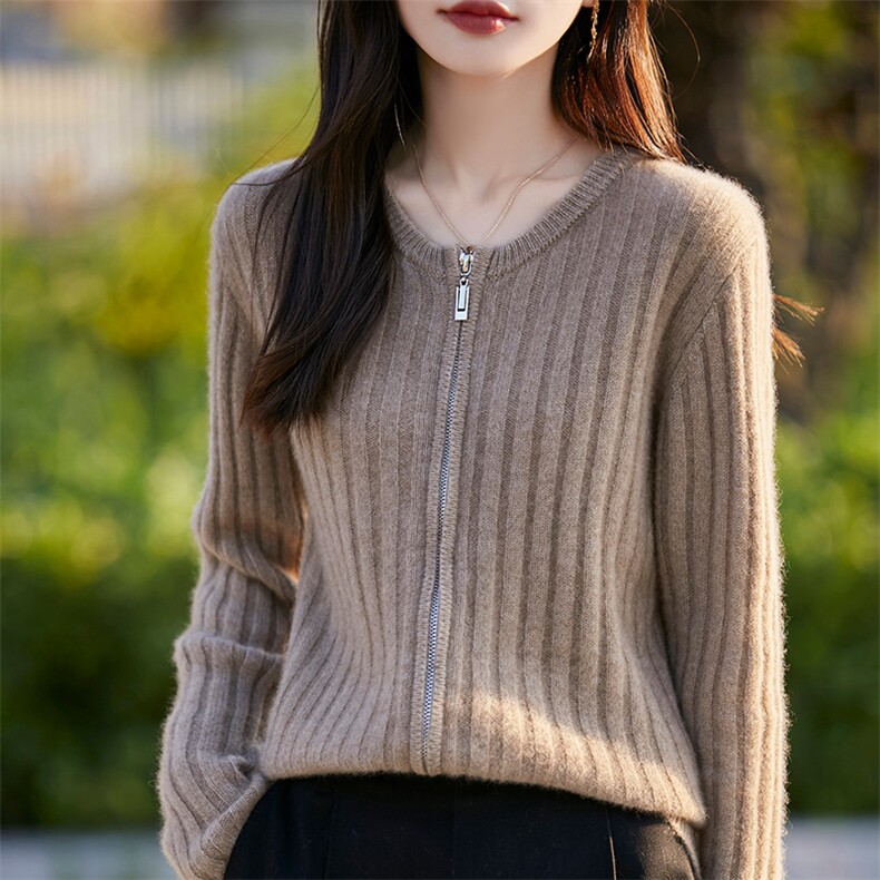 秋冬100%纯羊毛拉链开衫女圆领坑条外套毛衣宽松羊绒衫针织外搭,女装羊毛衫,吉高羊绒
