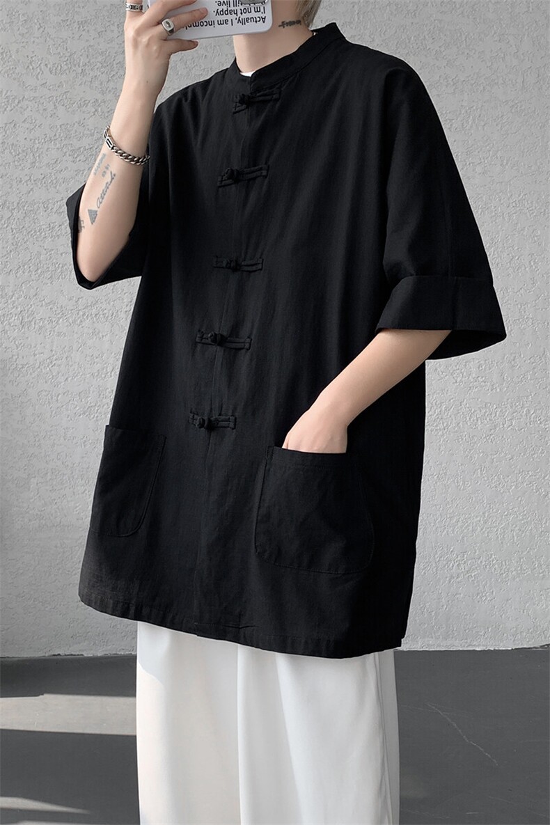 8XL-M新中式衬衫男中山装麻棉风复古中袖衬衣唐装CS527P60,男装衬衫,电商D206-1