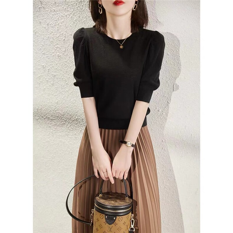 法式气质泡泡袖冰丝五分袖针织衫女夏季薄款短袖宽松短款半袖T恤，女装针织衫/毛衣，雪真羊绒