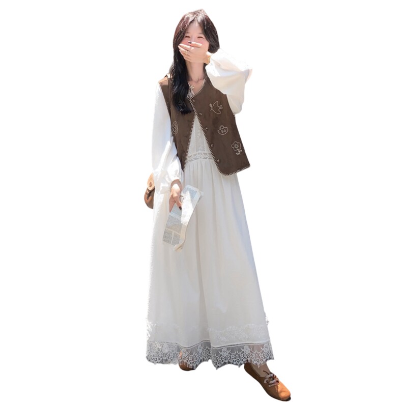蕾丝拼接白色长袖连衣裙套装女秋季2025新款一整套穿搭马甲两件套,女装套装/套裙,2C375