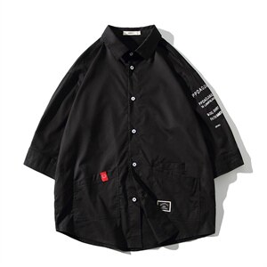 2021夏季新日系大码男网格挂拍宽松印花绣标七分袖衬衫C553-P40图片