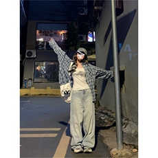 TC679-p45美式复古蓝色格子衬衫女装秋季新款外搭衬衣防晒外套，女装衬衫，星座617A-2