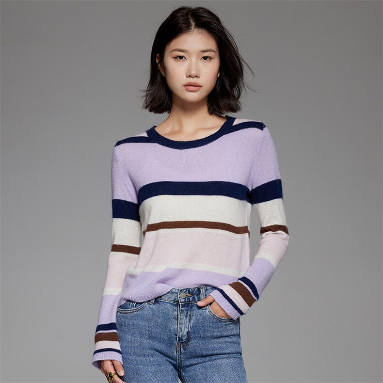 35%羊绒衫秋冬季新款舒适时尚百搭女式条纹拼接简约上衣,女装羊绒衫,隆秋羊绒