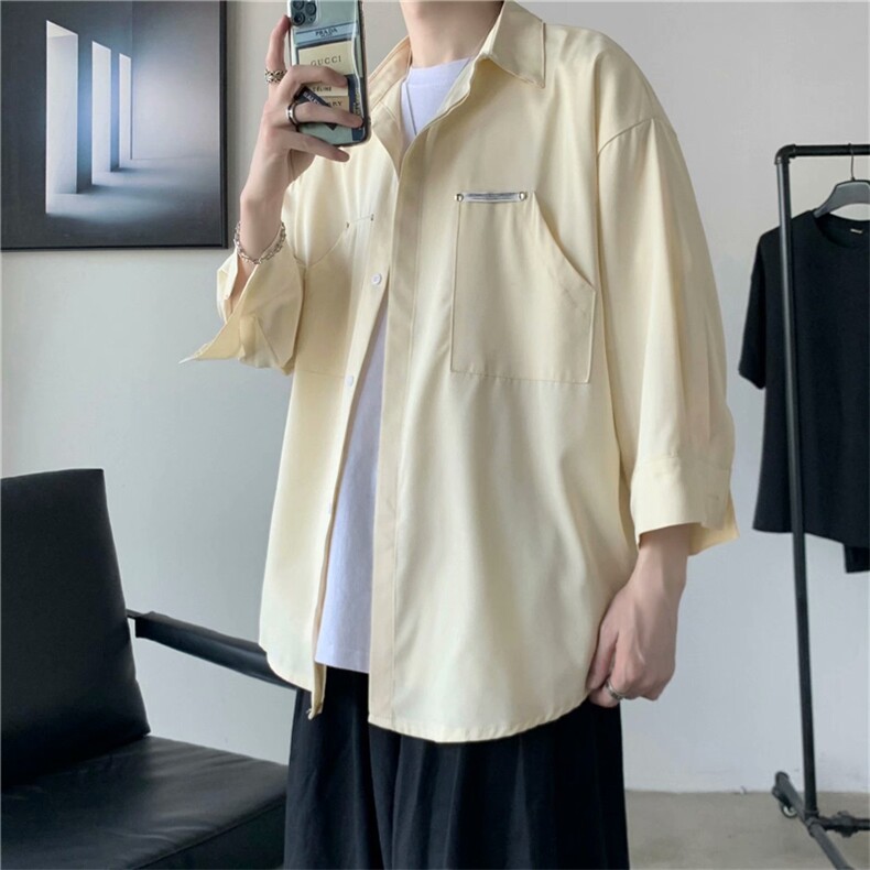 七分袖衬衫男港风百搭宽松衬衣夏潮流ins休闲工装外套W1004-P30,男装衬衫,星座512-2