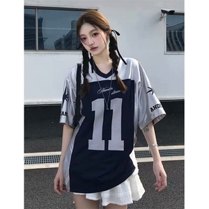 t恤男女oversize夏季银色网纱拼接字母球衣缎面V领上衣 TS400图片