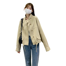 卡其色高级感工装短外套女2023年春秋新款韩版小个子显瘦夹克上衣，女装短外套，辉之琳