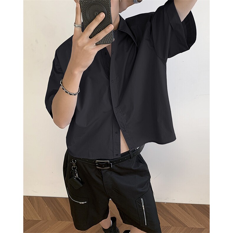 夏季薄款纯色短版衬衫男女学生高级感宽松廓形cleanfit男短袖衬衣,男装T恤,星座601-1