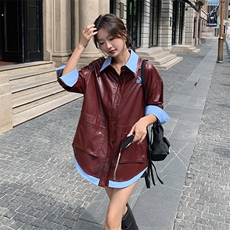 现货新款安哥拉红拼接假两件皮衣外套2C119-6011-P135-K198，女装皮衣，2C119