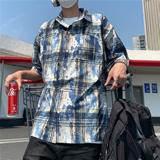 2025美式扎染印花冰丝凉感短袖五分袖格子衬衫CS1866/特P25蓝3，男装T恤，电商A094