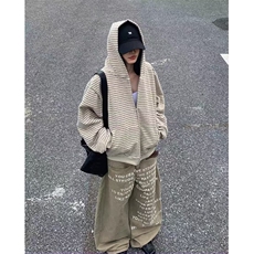 1506/QF400/P77美式复古新款条纹拉链开衫连帽卫衣男女重磅外套，女装短外套，星座1506