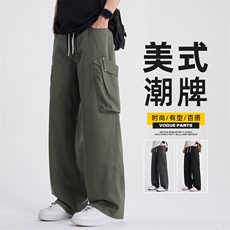 美式潮牌休闲裤男宽松直筒松紧腰抽绳垂感阔腿工装长裤Z2572-P50，男装工装外套，星座509