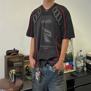速干球衣风t恤潮牌网眼透气短袖男款夏季美式复古赛车骑行服T477图片