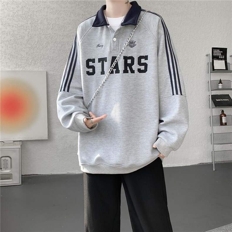美式复古Polo领卫衣大码秋季重磅刺绣条纹上衣撞色外套WY5113/P65,女装短外套,电商B238