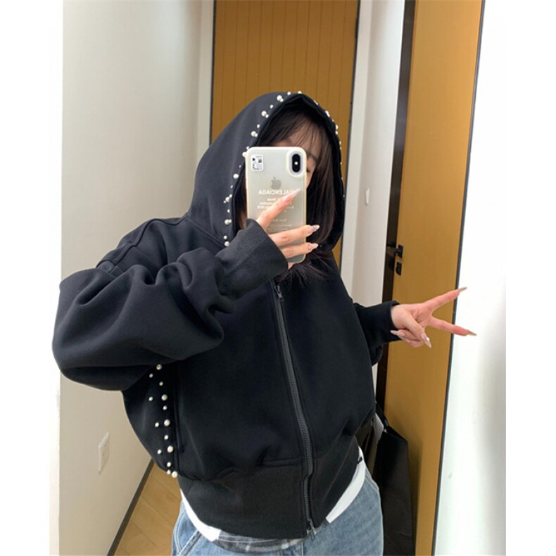秋季美式小众设计钉珍珠短款连帽外套女复古修身黑色夹克WY206,男装夹克,星座1116A（原606A-3）