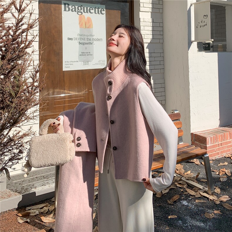 粉色羊绒大衣马甲两件套女中长款秋季新款韩系高级感气质毛呢外套,女装毛呢外套,2C030