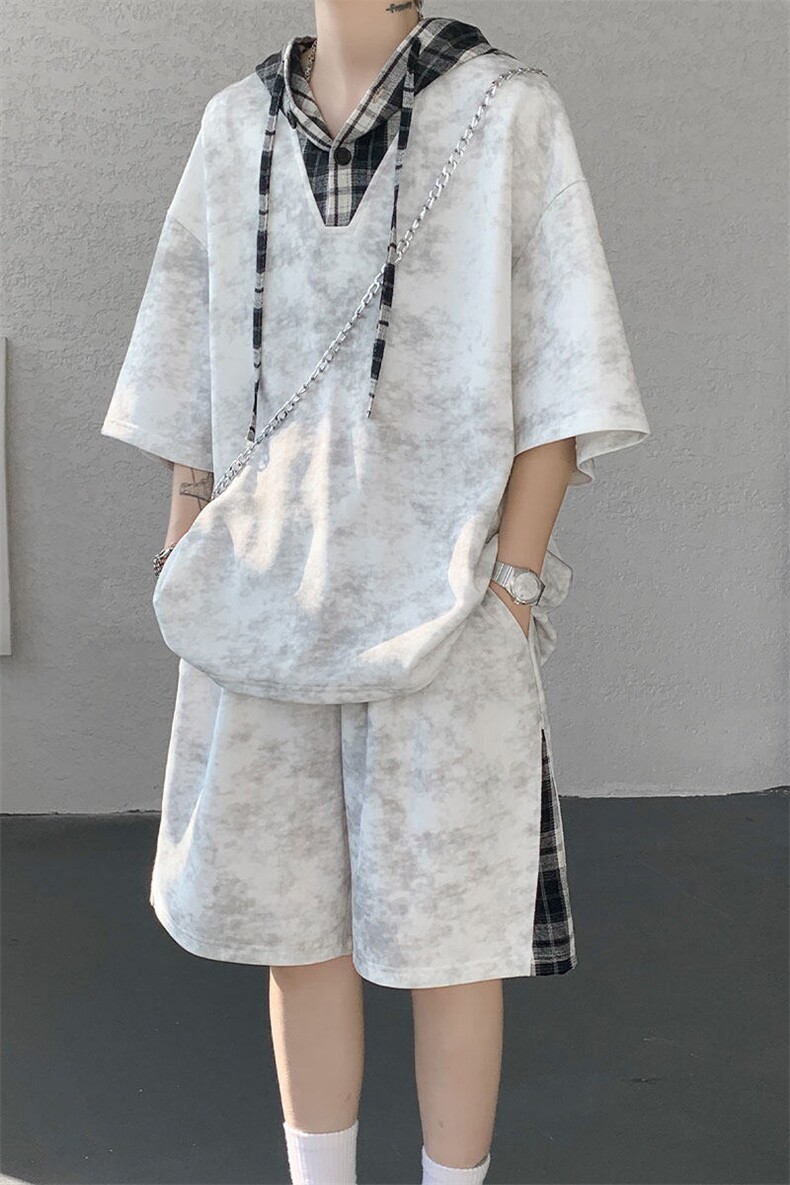 TZ788-特P58控98夏连帽格子撞色扎染冰感冰丝大码短袖短裤套装,男装休闲套装,电商A059