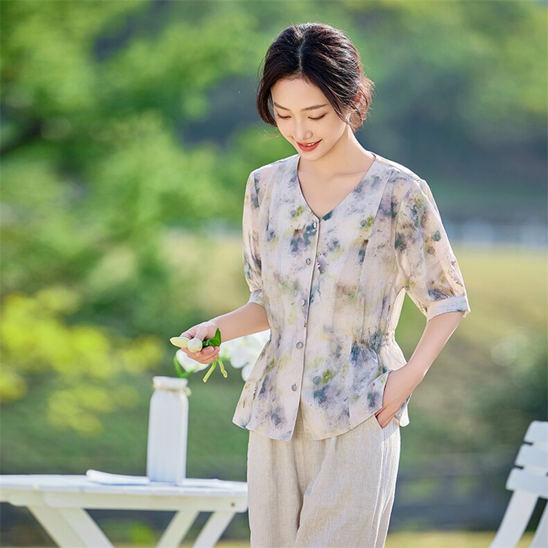 2026年春季女短袖薄苎麻文艺风，女装衬衫，江南依恋