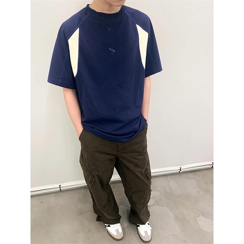 2025新款韩系简约风撞色拼接短袖T恤美式复古男女休闲TA55-P38,男装T恤,星座208-5