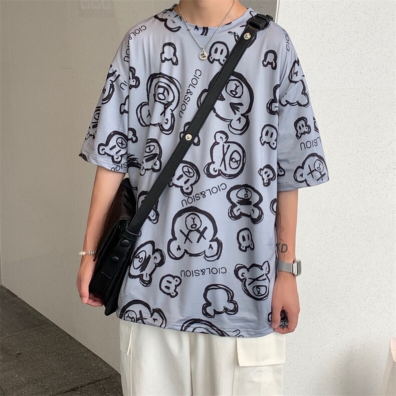 夏上衣宽松短袖T恤潮日韩系小熊印花INS男女半截袖体桖T584-P22,男装T恤,星座512-2
