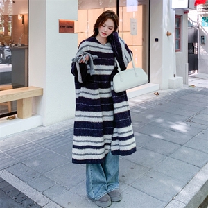 慵懒风复古条纹毛呢外套女2025秋冬新款韩系宽松百搭中长款呢大衣图片