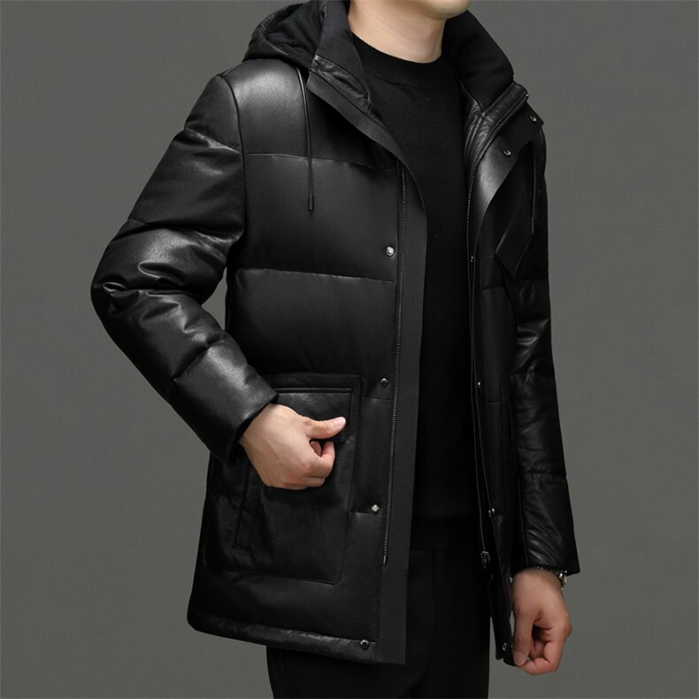 秋冬新款男士真皮羽绒服男中长款连帽外套鹅绒服绵羊皮夹克P1250,男装夹克,电商B360A（原721A）