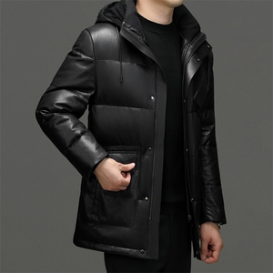 秋冬新款男士真皮羽绒服男中长款连帽外套鹅绒服绵羊皮夹克P1250图片