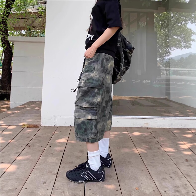 美式复古晕染迷彩重工宽松多口袋牛仔裤女男直筒工装炮弹裤七分裤,男装牛仔裤,星座506A