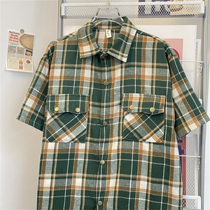 夏款男短袖衬衫工装大口袋格子拼色五分袖衬衣CS058 P40图片