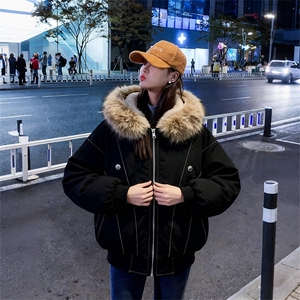 现货重磅boxy短款棉衣座山雕大毛毛领男女棉服水洗工装厚外套图片