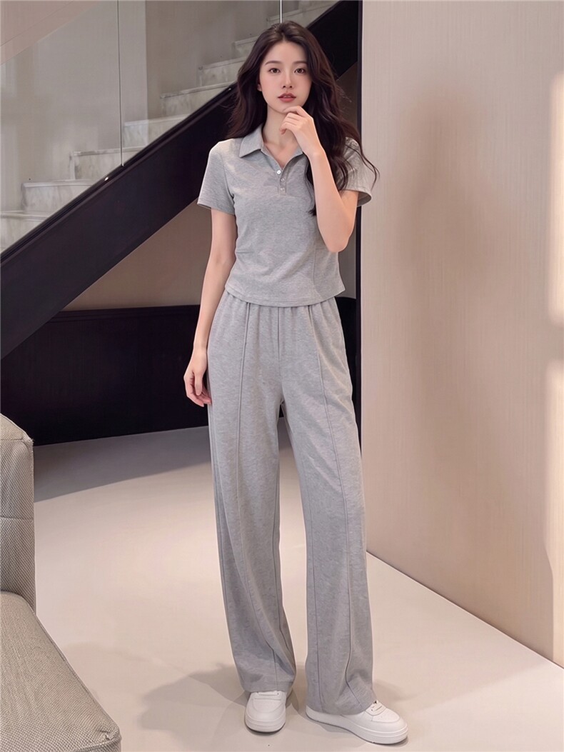 韩版时尚休闲运动套装女夏季新款显瘦气质翻领短袖卫衣长裤两件套,女装套装/套裙,江南