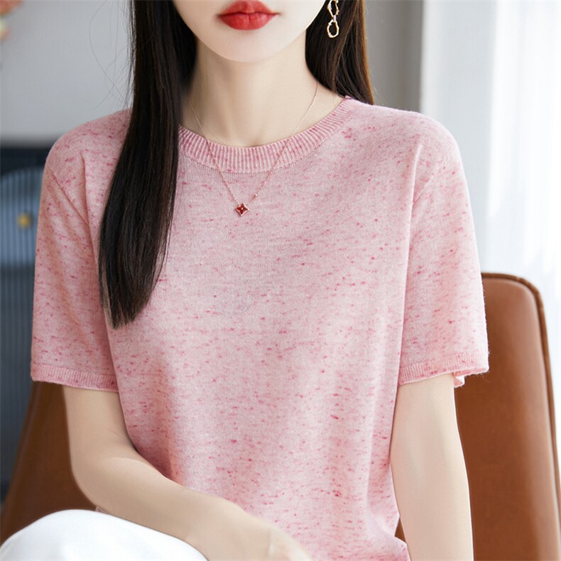 时尚精纺羊毛圆领点子纱短袖夏季薄款女宽松针织上衣t恤,针织衫/毛衣,暖烁特种纱工厂店