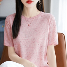 时尚精纺羊毛圆领点子纱短袖夏季薄款女宽松针织上衣t恤，女装针织衫/毛衣，暖烁特种纱工厂店