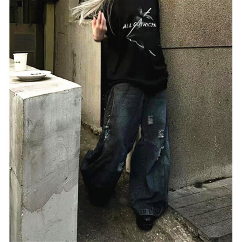 水洗直筒破洞倒装牛仔裤男设计感宽松休闲阔腿脏脏裤裤子N611,男装牛仔裤,星座1116A（原606A-3）