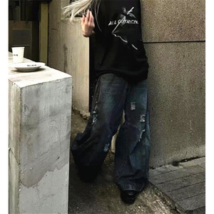 水洗直筒破洞倒装牛仔裤男设计感宽松休闲阔腿脏脏裤裤子 N611图片