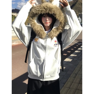 灰色连帽卫衣女2025秋冬美式复古小个子薄款慵懒刺绣宽松拉链图片