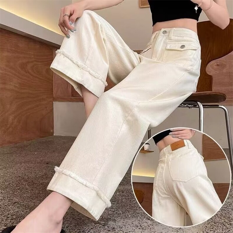 牛仔裤女白色春季新款宽松拼接毛边高腰休闲直筒显瘦九分阔腿裤子,男装牛仔裤,星座506A