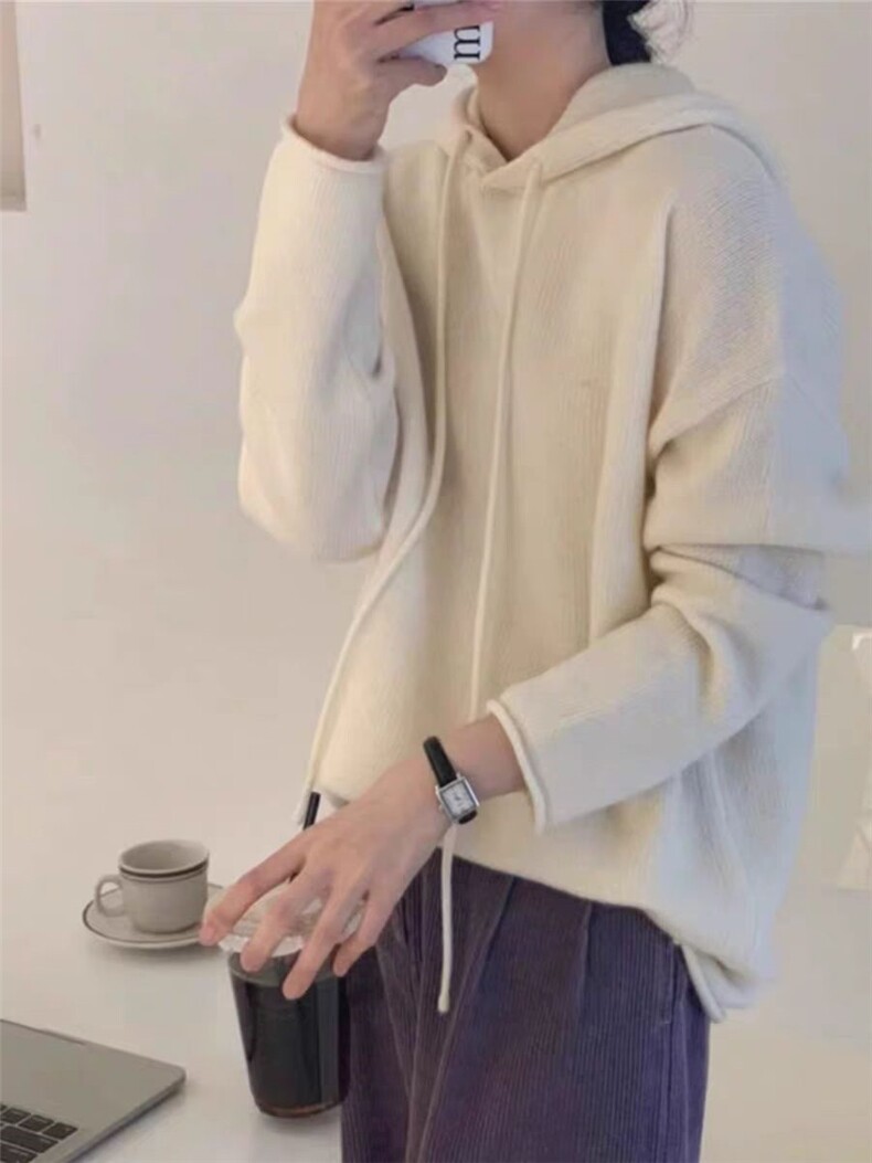 2025年秋季新款百搭卷边大连帽衫，女装针织衫/毛衣，恒恩羊绒