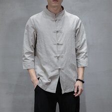 2021新款中国风男装棉麻七分袖衬衫男盘扣唐装QT6008-1/CS066/P70，男装衬衫，电商A008