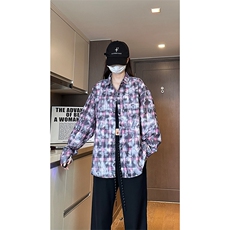 现货早秋高街做旧紫格子长袖衬衫女扎染衬衣外套男C18-P50-控78，男装衬衫，星座205-5