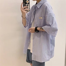 港风条纹五分短袖衬衫男夏季韩版ins上衣服潮流宽松情侣衬衣外套，男装T恤，星座506A