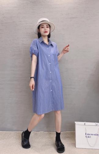 XL9915欧货韩版2021夏装新款翻领泡泡袖抽绳条纹连衣裙,女装连衣裙,L·H·X