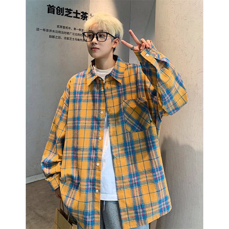 特批P30无差价秋季复古格子衬衫男士青少年贴标休闲衬衣外套C2501图片
