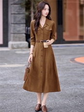 美拉德咖色长袖衬衫连衣裙女2025秋季新款单排扣收腰显瘦气质长裙，女装连衣裙，朵莱米
