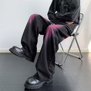 复古涂鸦洗水牛仔裤男秋季大码设计感直筒宽松休闲阔腿长裤子图片
