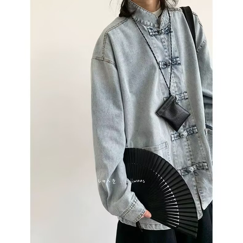 新中式复古盘扣牛仔衬衫男女款秋季宽松蓝色中性百搭立领休闲外套,男装衬衫,星座218-1（原230）