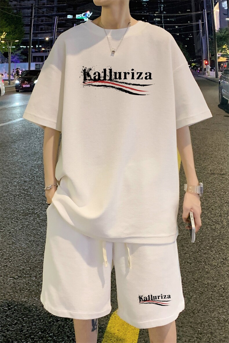 ！2025夏季新款男士印花华夫格短袖T恤套装学生一套HTZ119P50,男装T恤,电商B220