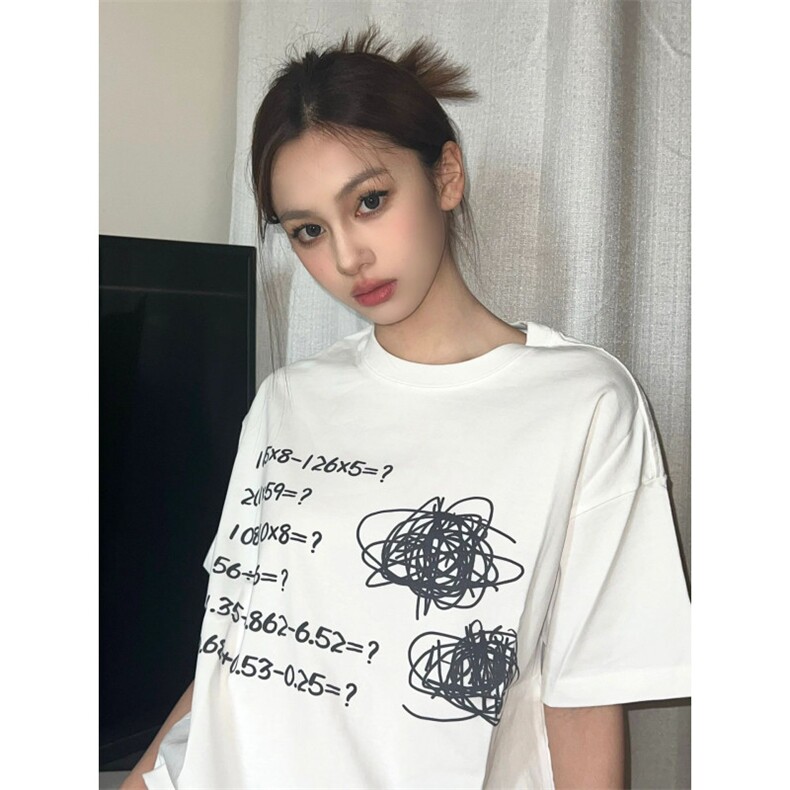 T0790-P25 纯棉白色短袖 2024数学游戏趣味卡通印花全棉T图片