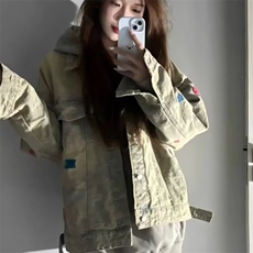 做旧牛仔外套男女宽松秋季款ins刺绣提花夹克黄泥色翻领JK313，男装工装外套，星座516A